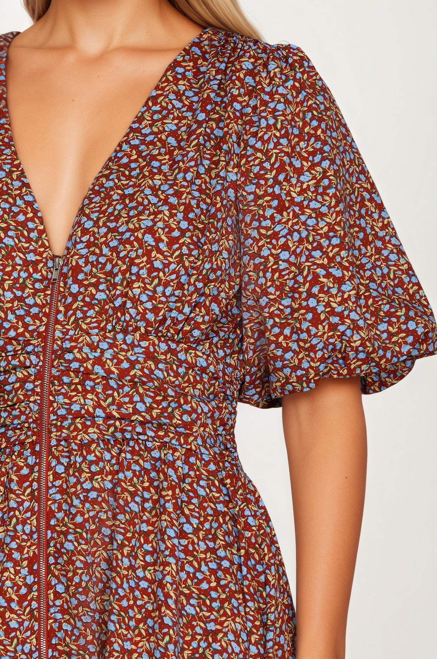 Floral Print Zip Front Midi Dress with Short Sleeves