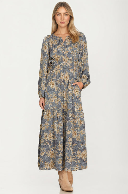 Floral Print Long Sleeve Maxi Dress with Smocked Waist