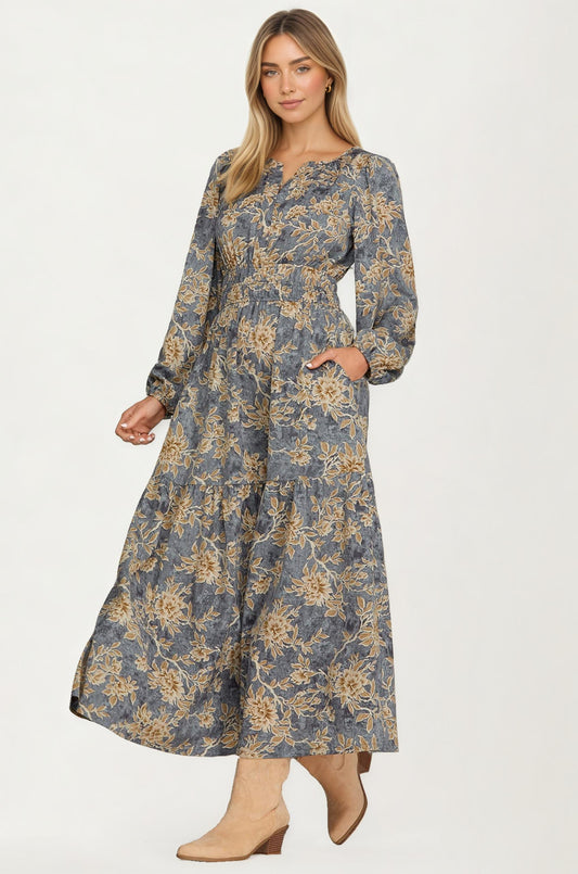 Floral Print Long Sleeve Maxi Dress with Smocked Waist