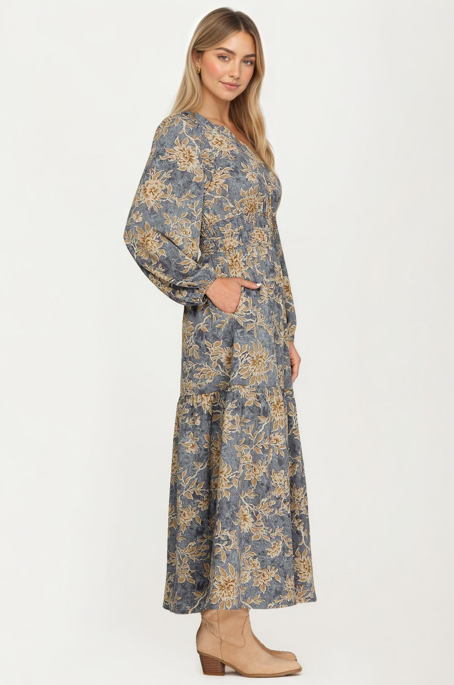 Floral Print Long Sleeve Maxi Dress with Smocked Waist