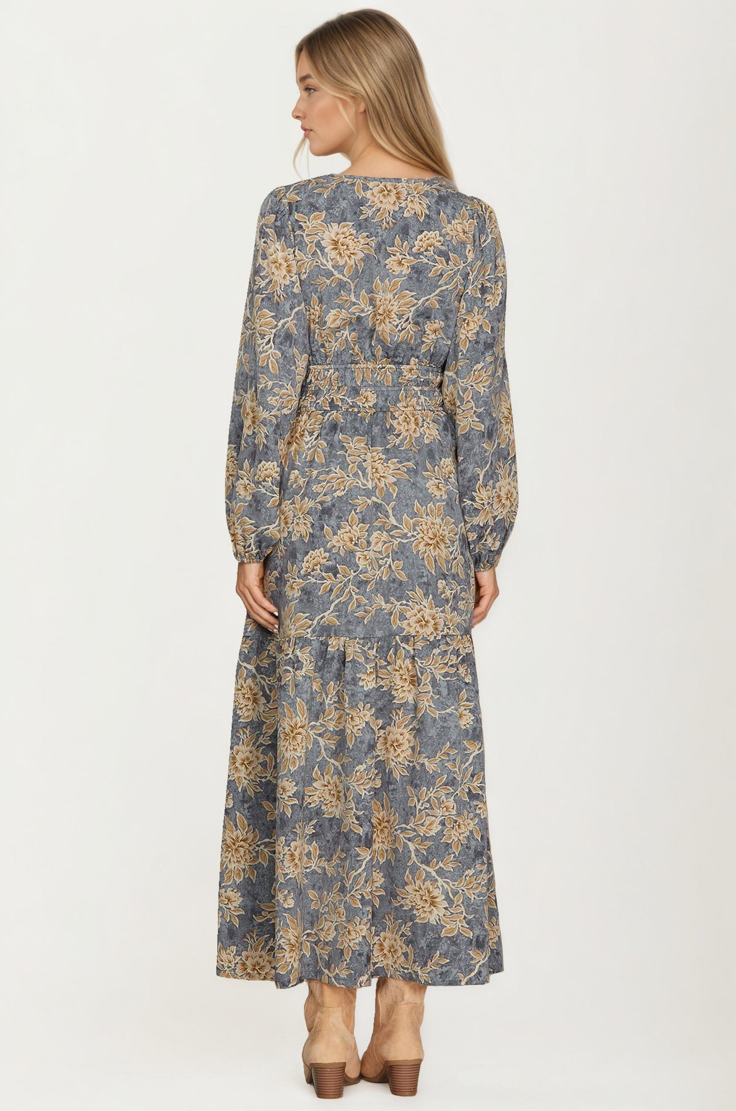Floral Print Long Sleeve Maxi Dress with Smocked Waist