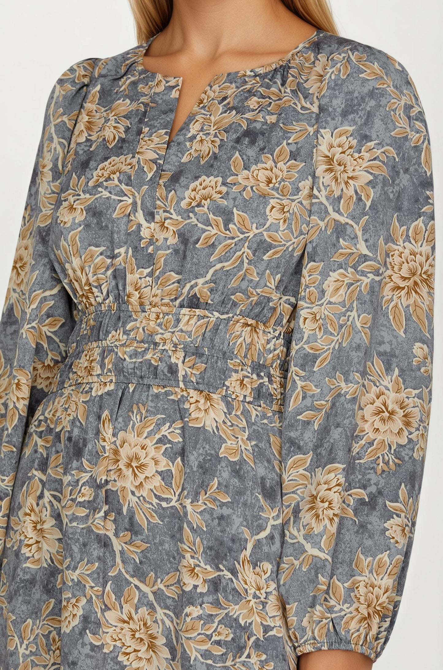 Floral Print Long Sleeve Maxi Dress with Smocked Waist