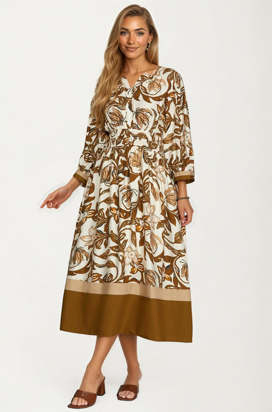 Floral Print Long Sleeve Midi Dress with Smocked Waist