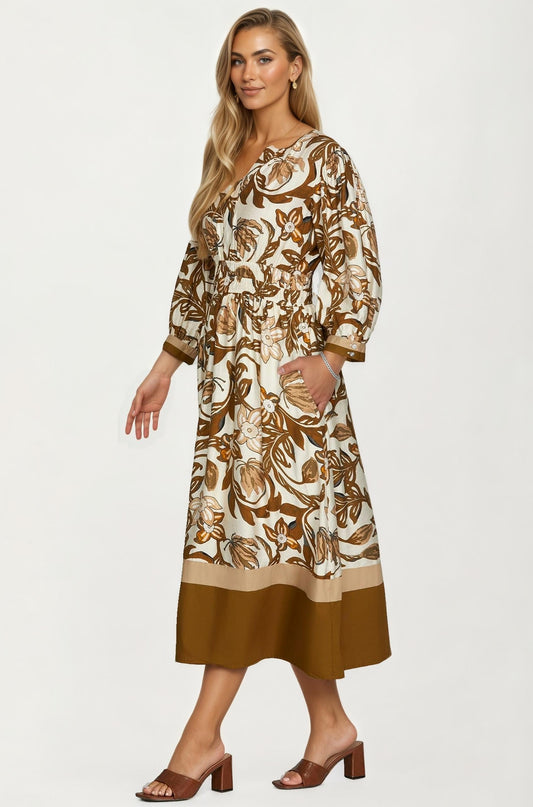 Floral Print Long Sleeve Midi Dress with Smocked Waist
