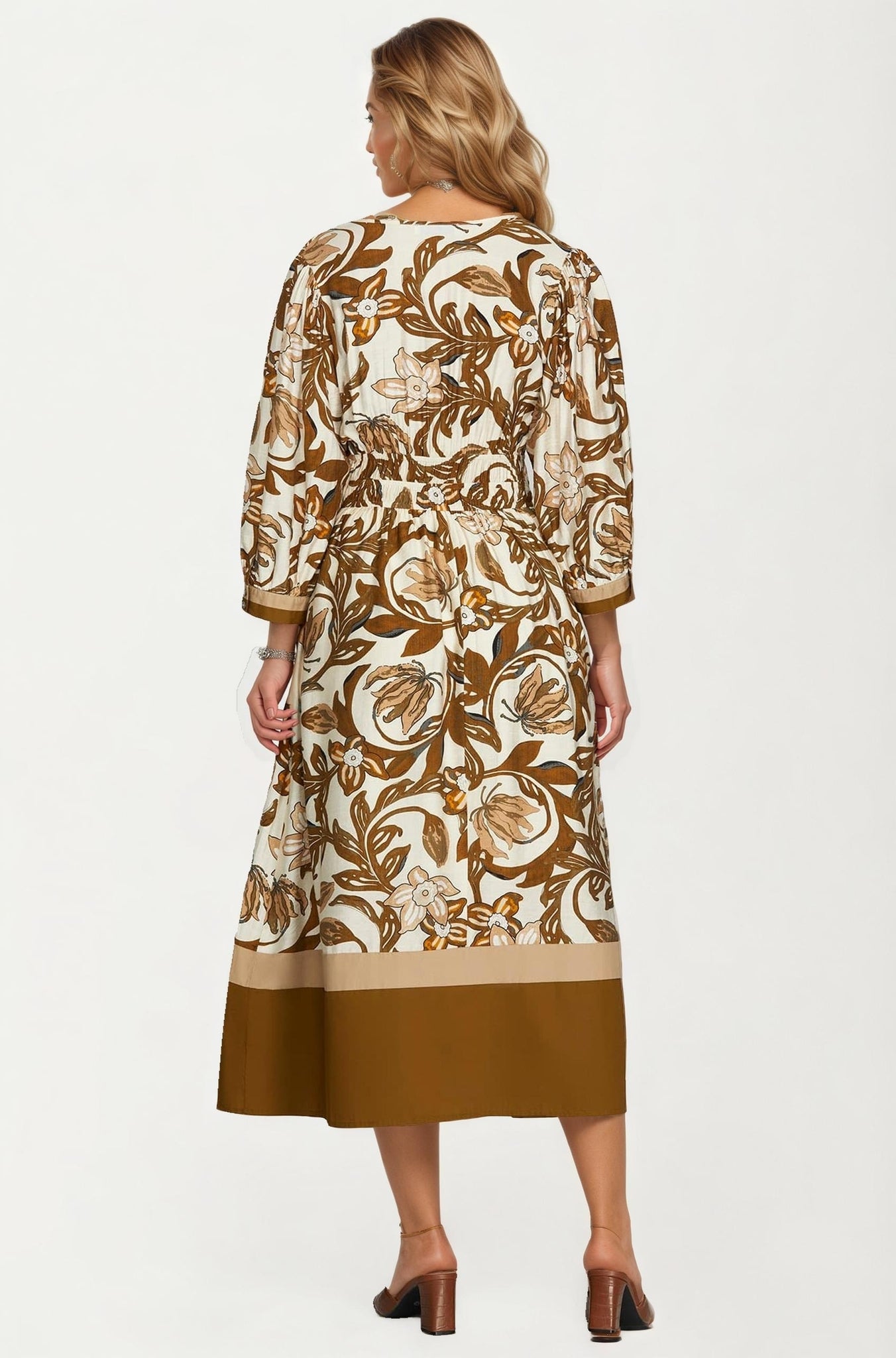 Floral Print Long Sleeve Midi Dress with Smocked Waist