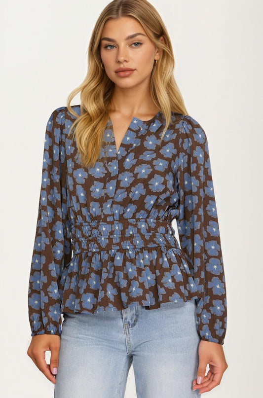 Floral Print Smocked Waist Long Sleeve Blouse