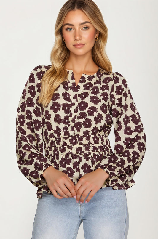 Floral Print Smocked Waist Long Sleeve Blouse