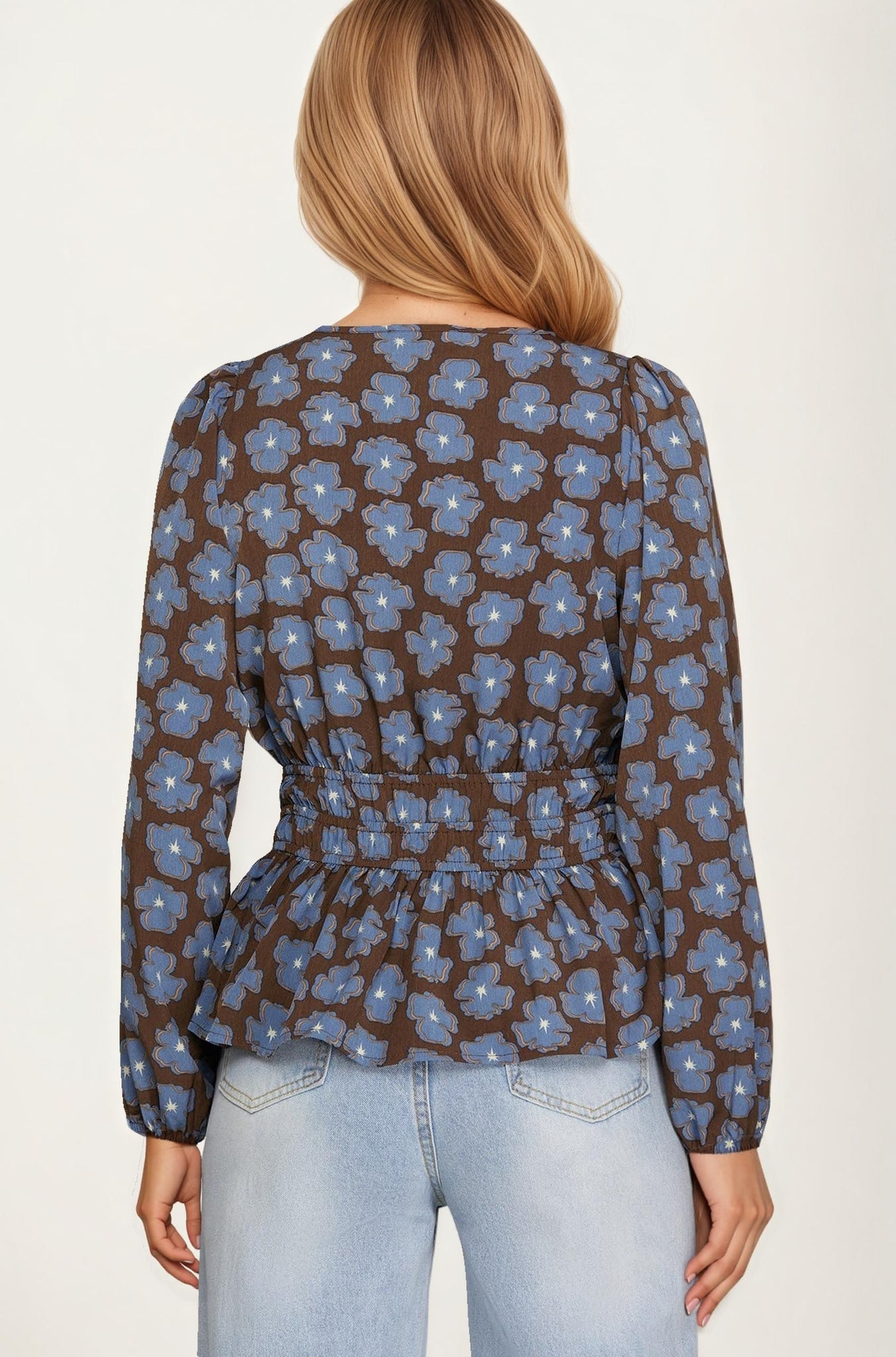 Floral Print Smocked Waist Long Sleeve Blouse