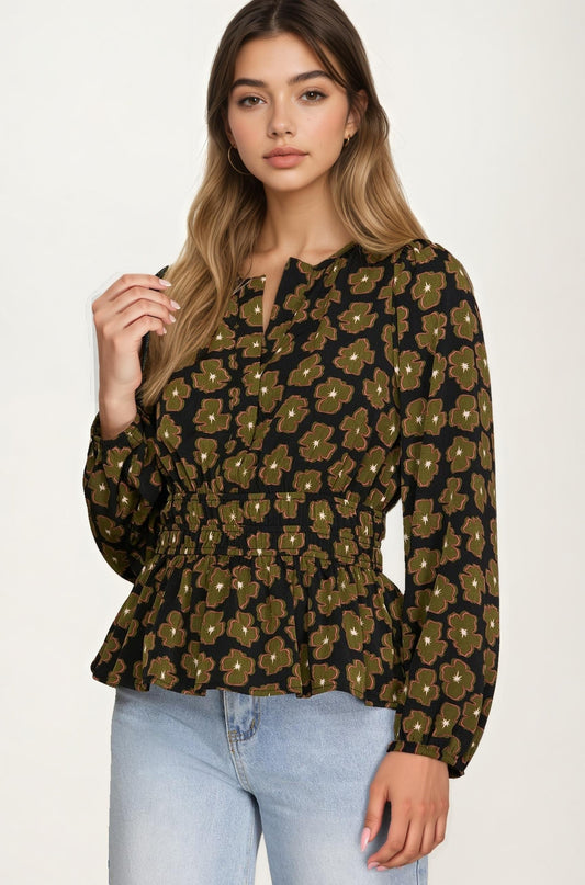 Floral Print Smocked Waist Long Sleeve Blouse