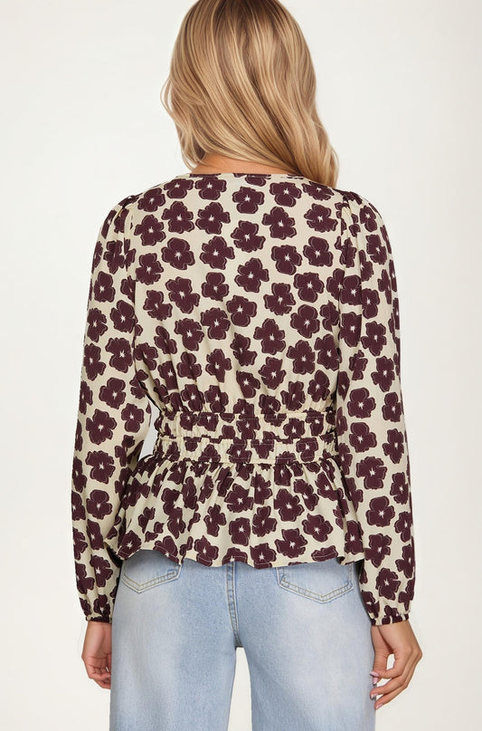 Floral Print Smocked Waist Long Sleeve Blouse