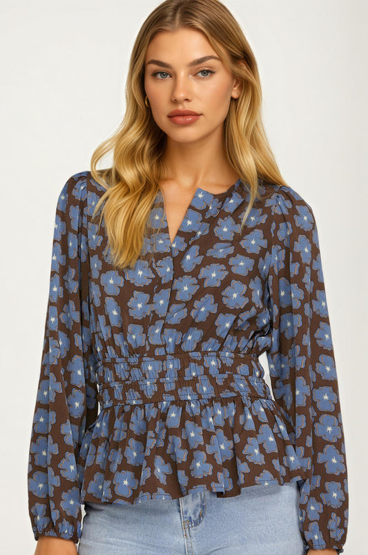 Floral Print Smocked Waist Long Sleeve Blouse