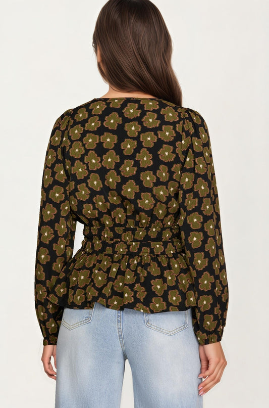 Floral Print Smocked Waist Long Sleeve Blouse