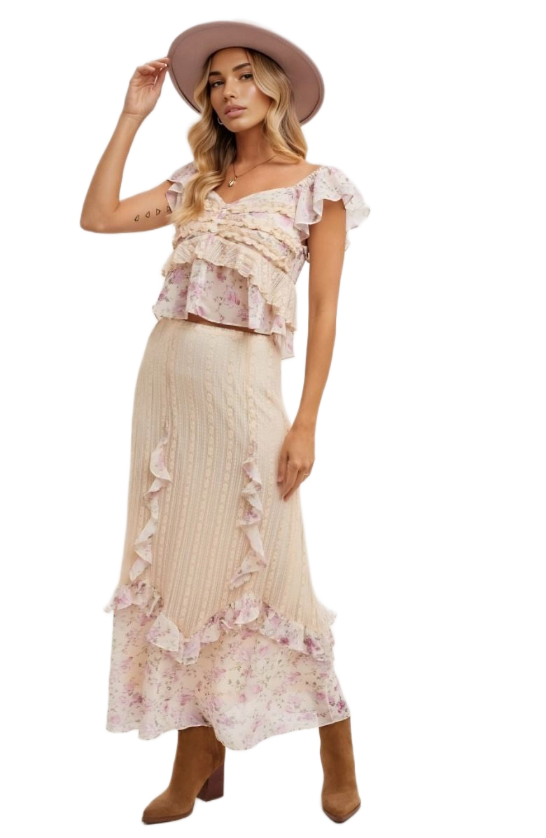 Floral Ruffle Cap Sleeve Top Sweetheart Neck Soft Pink Beige Blush Print