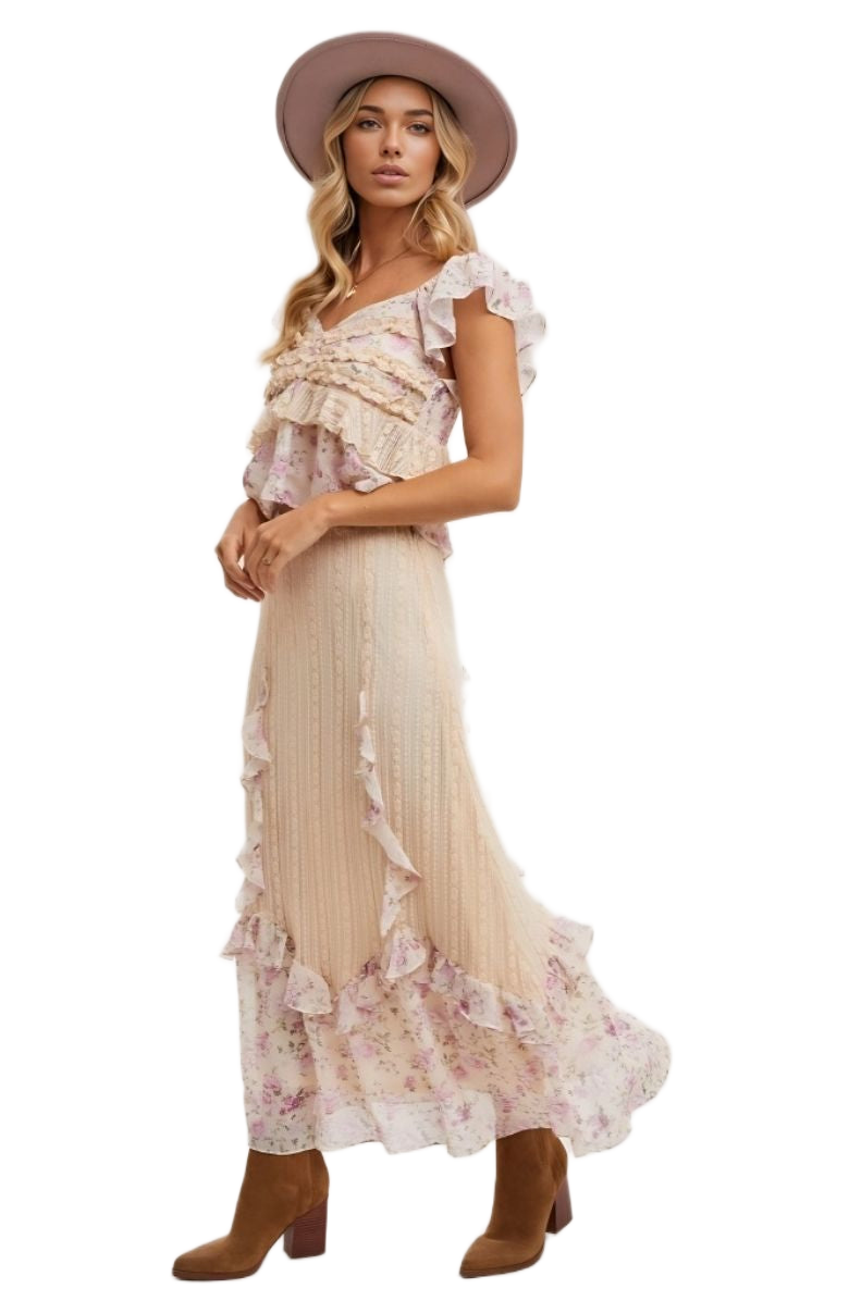 Floral Ruffle Cap Sleeve Top Sweetheart Neck Soft Pink Beige Blush Print
