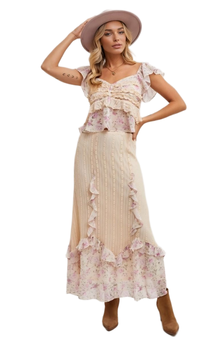 Floral Ruffle Cap Sleeve Top Sweetheart Neck Soft Pink Beige Blush Print