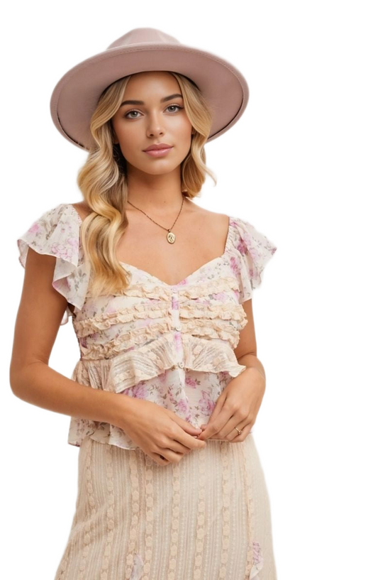 Floral Ruffle Cap Sleeve Top Sweetheart Neck Soft Pink Beige Blush Print