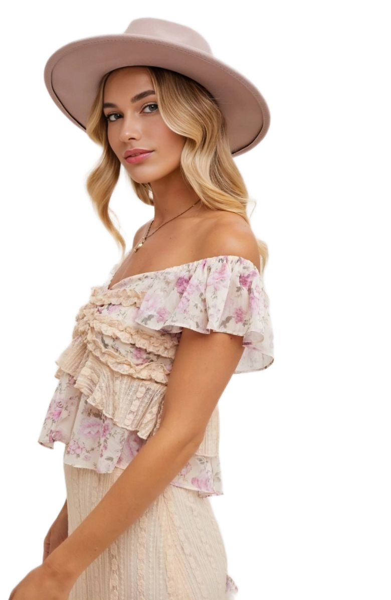 Floral Ruffle Cap Sleeve Top Sweetheart Neck Soft Pink Beige Blush Print