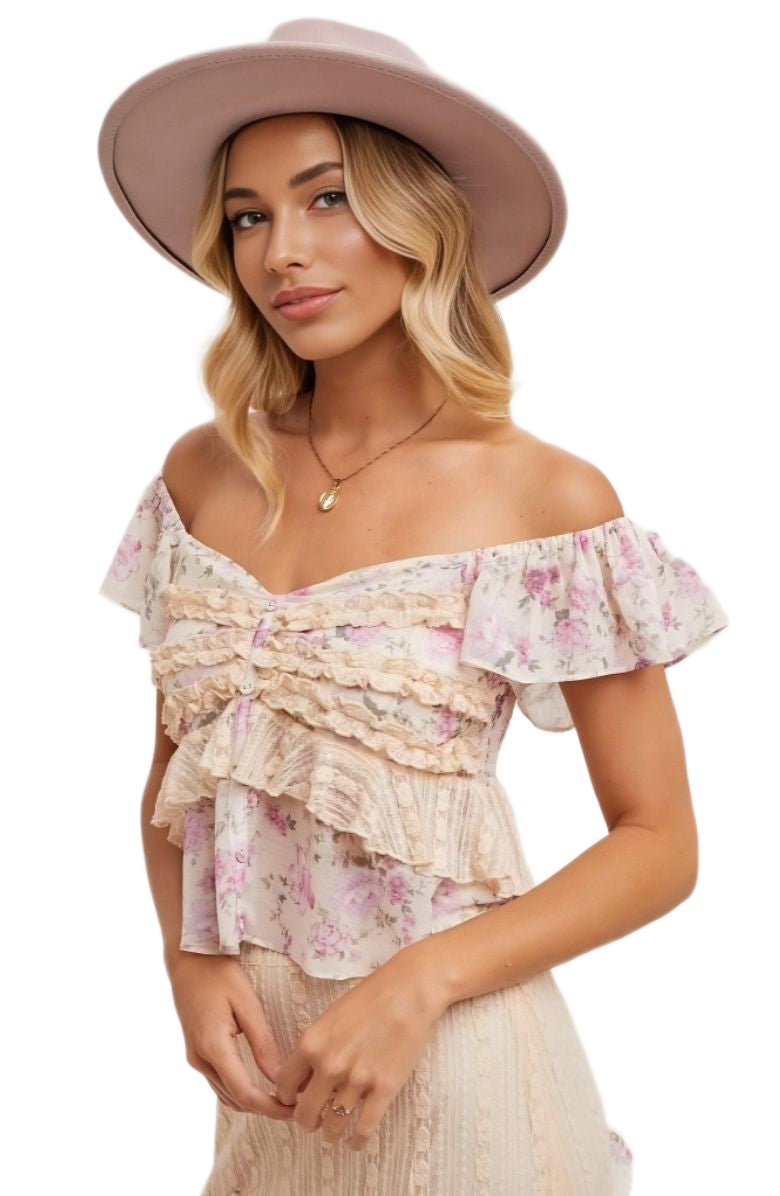 Floral Ruffle Cap Sleeve Top Sweetheart Neck Soft Pink Beige Blush Print