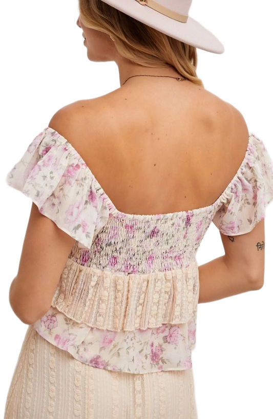 Floral Ruffle Cap Sleeve Top Sweetheart Neck Soft Pink Beige Blush Print