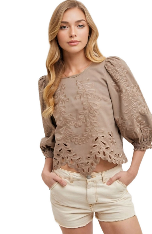 Taupe Embroidered Puff Sleeve Blouse with Scallop Hem and Cutout Detailing