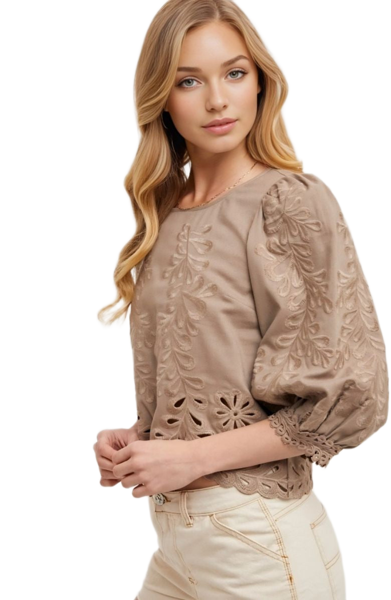 Taupe Embroidered Puff Sleeve Blouse with Scallop Hem and Cutout Detailing