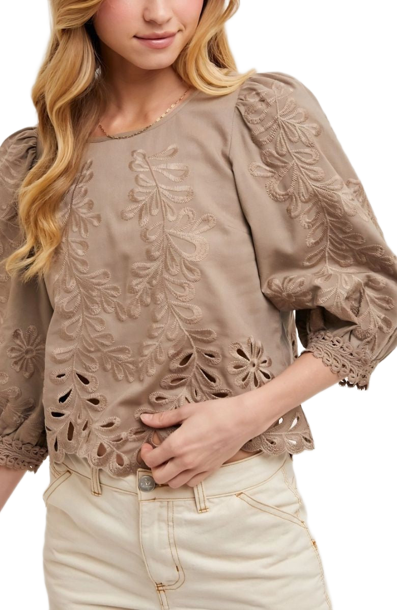 Taupe Embroidered Puff Sleeve Blouse with Scallop Hem and Cutout Detailing