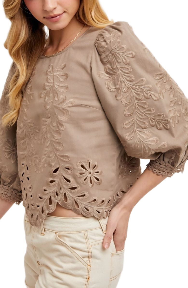 Taupe Embroidered Puff Sleeve Blouse with Scallop Hem and Cutout Detailing