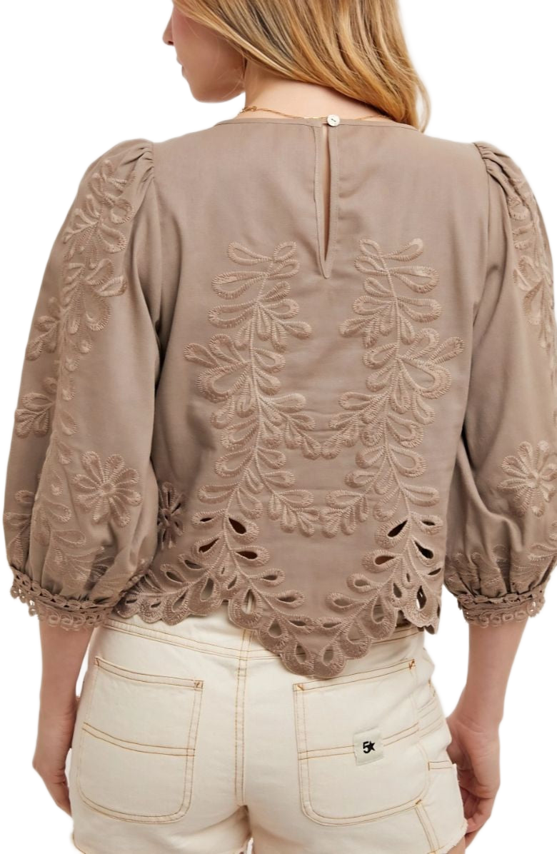 Taupe Embroidered Puff Sleeve Blouse with Scallop Hem and Cutout Detailing