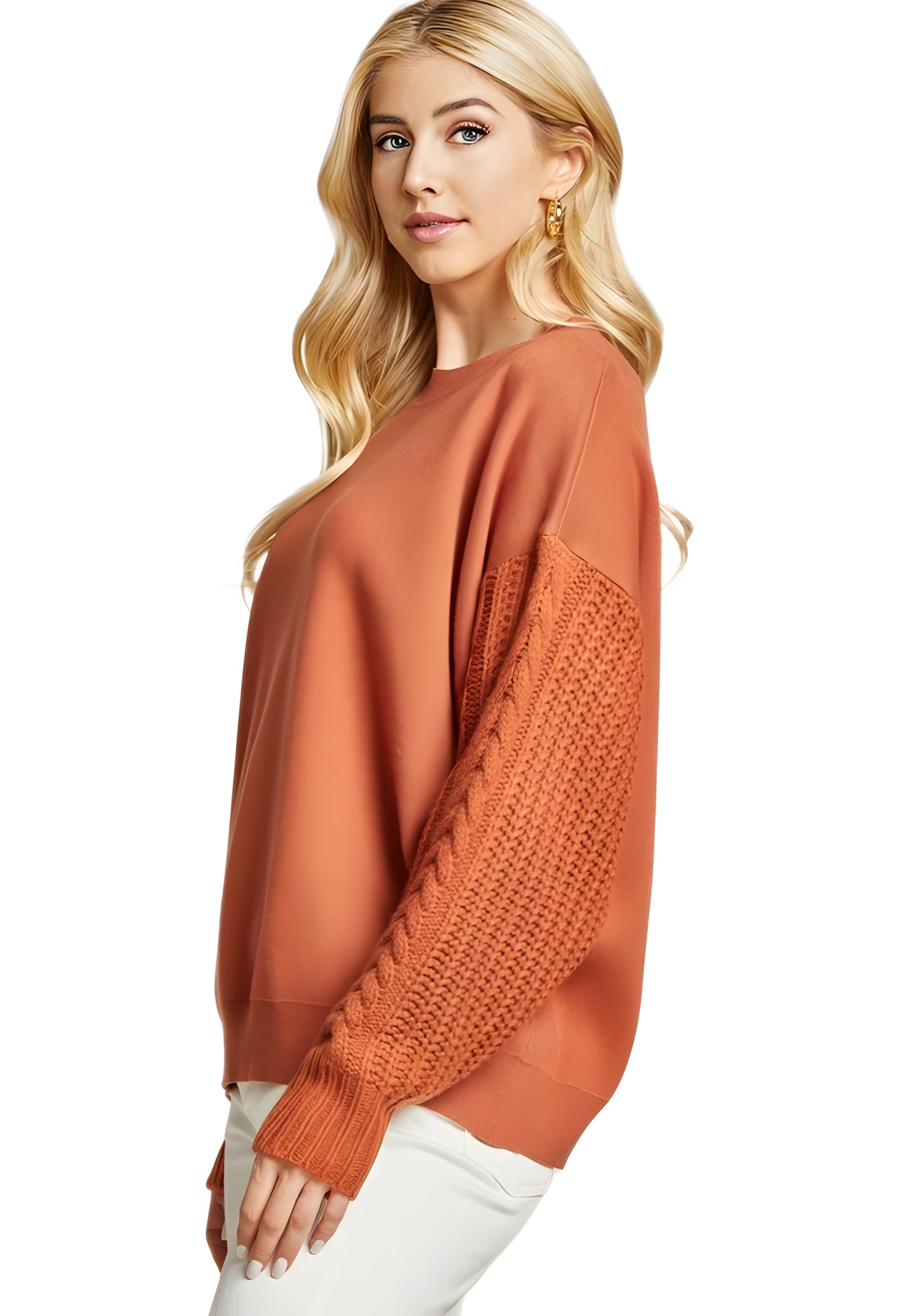 Rust Knit Mixed Media Pullover With Textured Cable Sleeves
