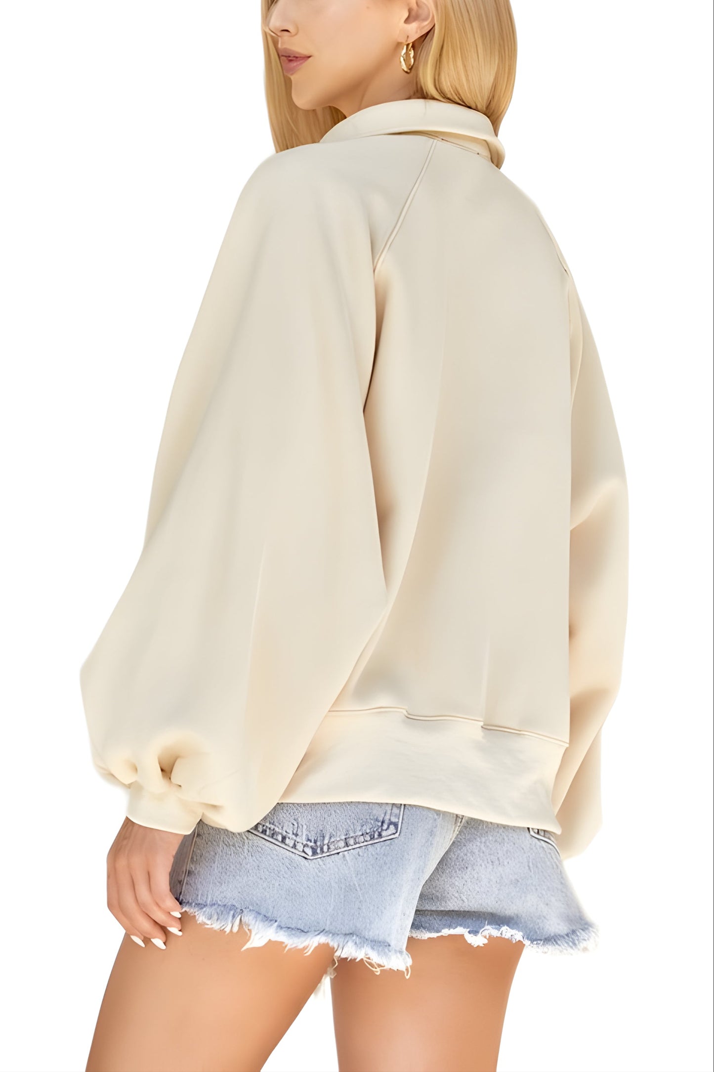 Cream Relaxed Henley Pullover With Balloon Sleeves