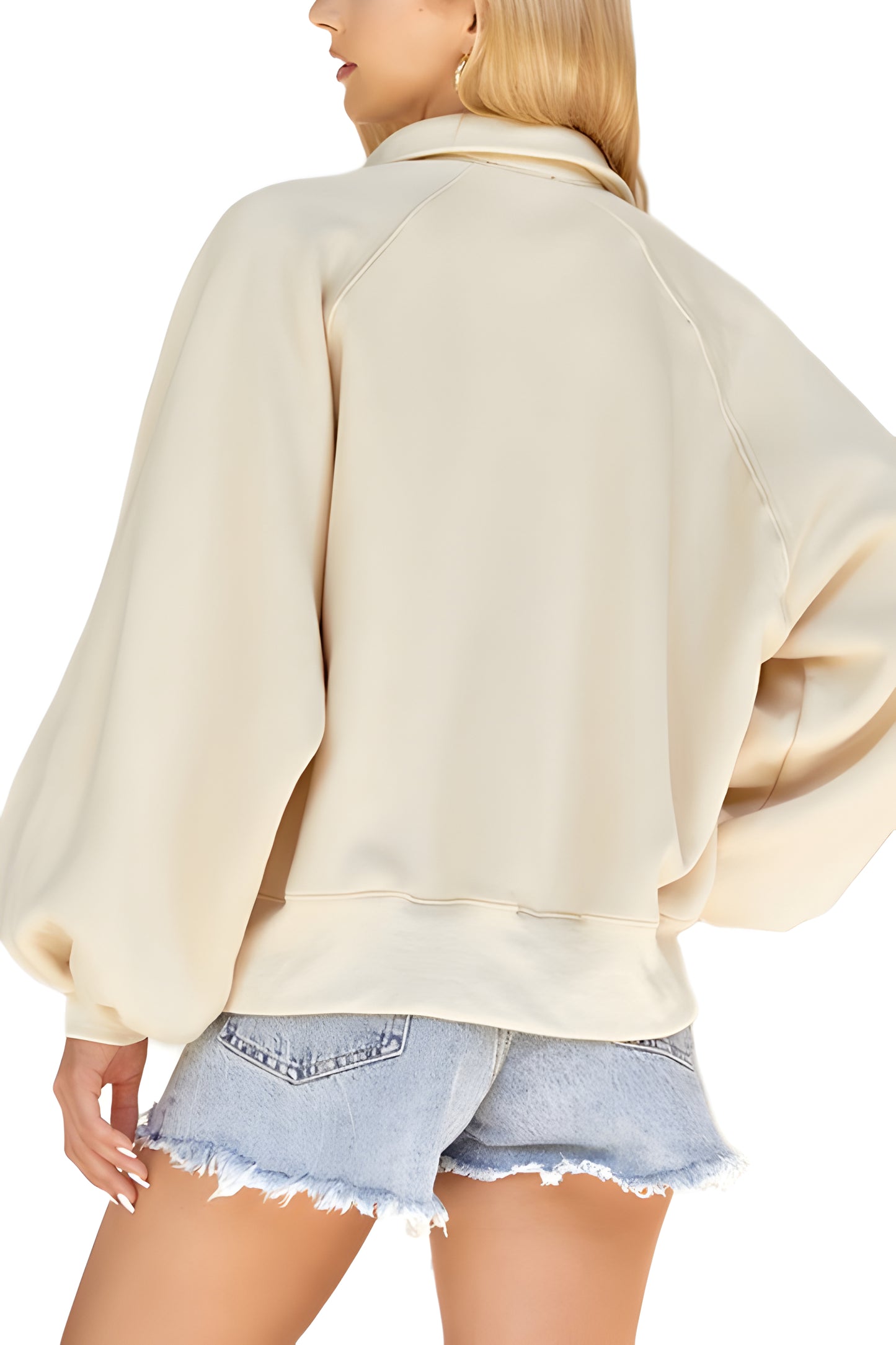 Cream Relaxed Henley Pullover With Balloon Sleeves