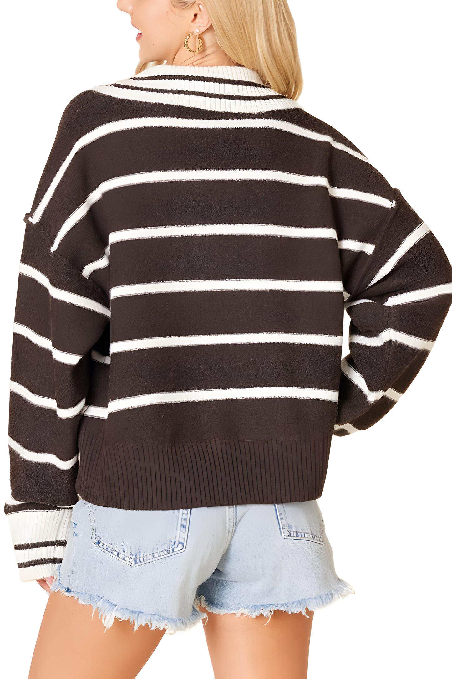 Black And White Striped Collared Pullover Sweater