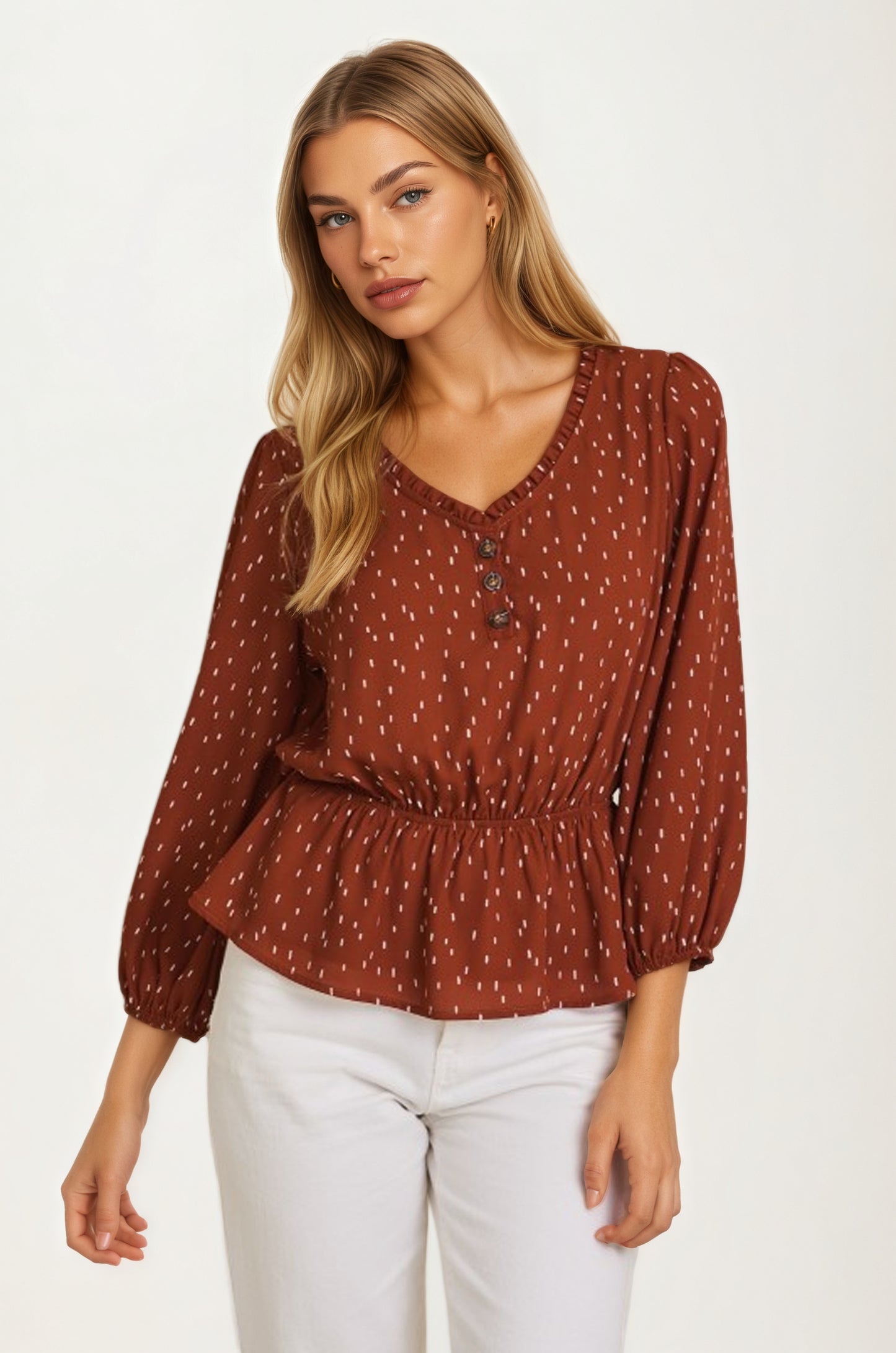 V-Neck Button Front Peplum Blouse with Long Sleeves