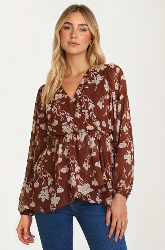 Long Sleeve Floral Wrap Blouse with Empire Waist