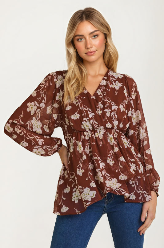 Long Sleeve Floral Wrap Blouse with Empire Waist