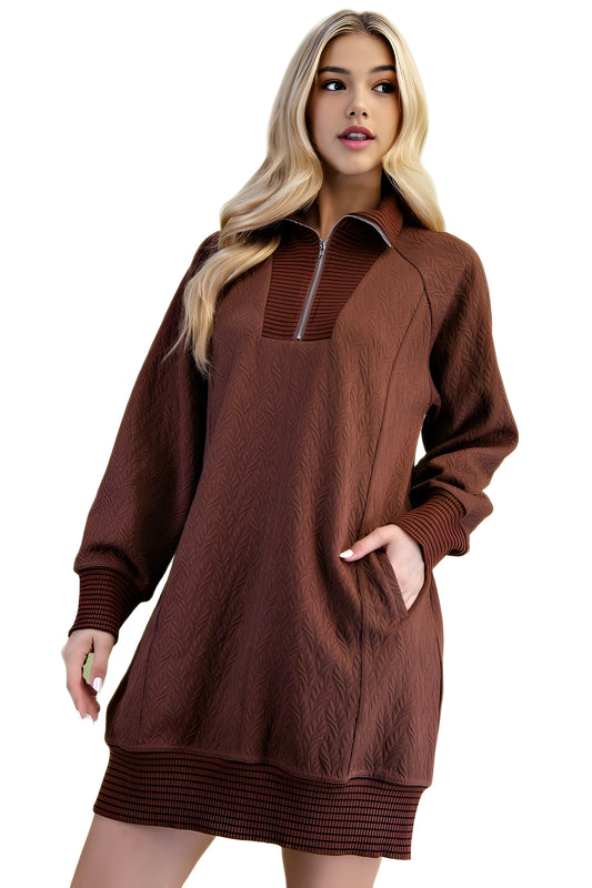 Textured Knit Half-Zip Dress With Contrast Ribbed Trim