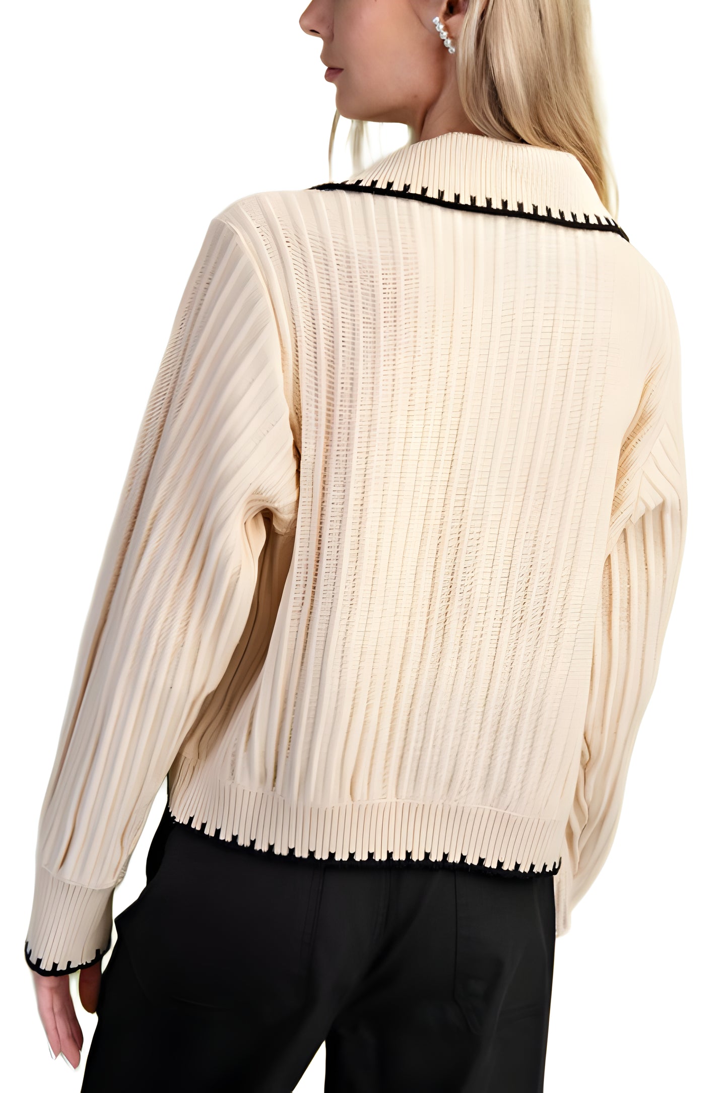 Pleated Ribbed Knit Half-Zip Sweater With Contrast Trim