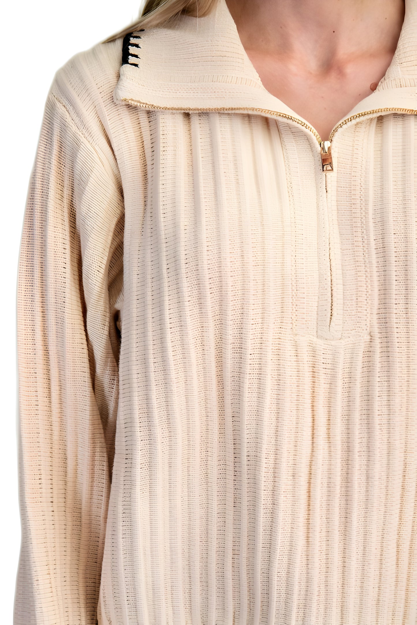 Pleated Ribbed Knit Half-Zip Sweater With Contrast Trim
