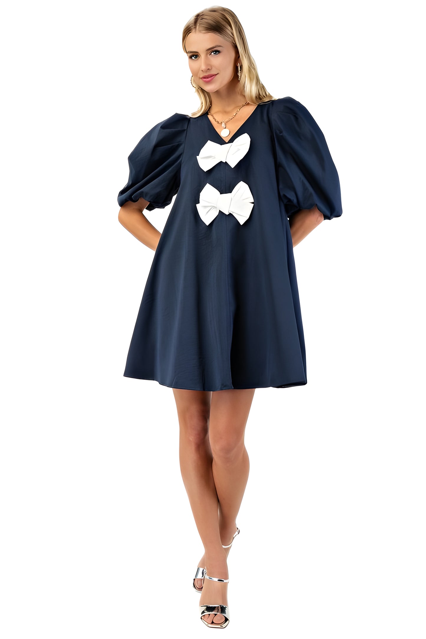 Short Puff Sleeve A-Line Dress With Oversized Bow Accents