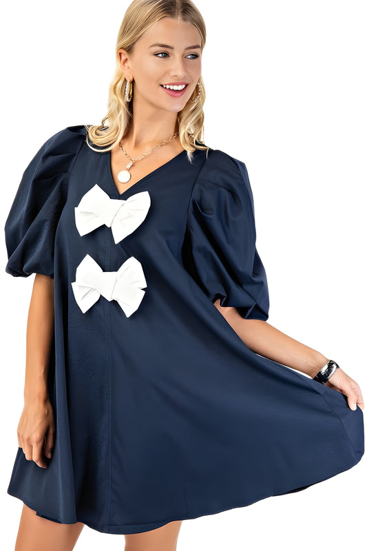 Short Puff Sleeve A-Line Dress With Oversized Bow Accents