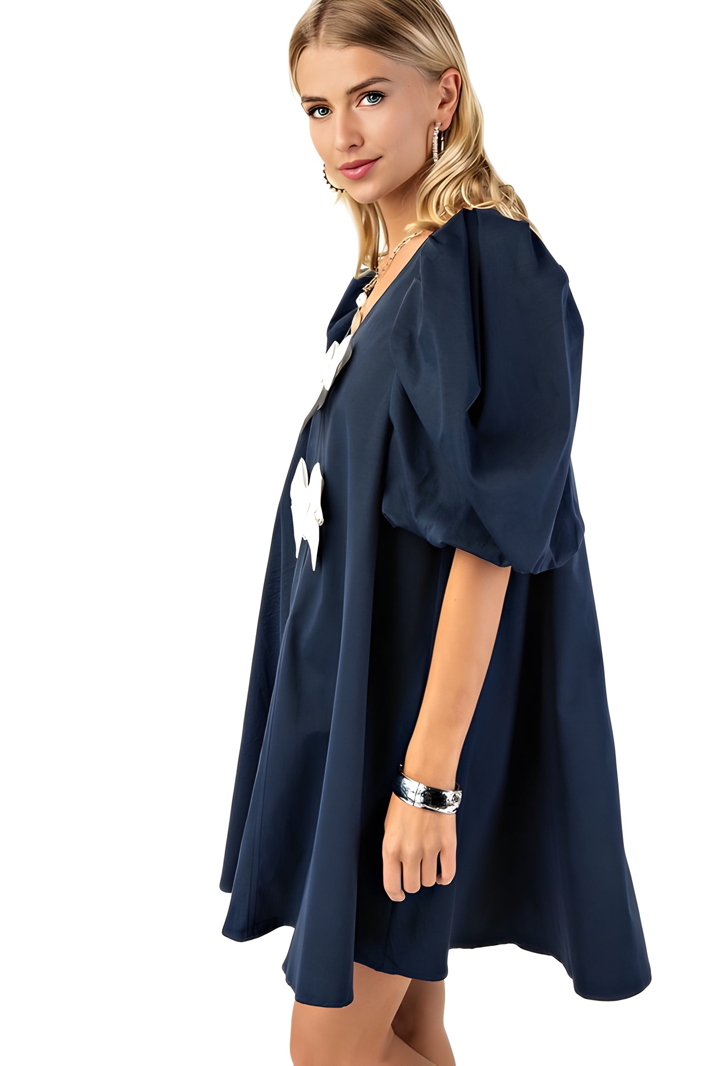 Short Puff Sleeve A-Line Dress With Oversized Bow Accents