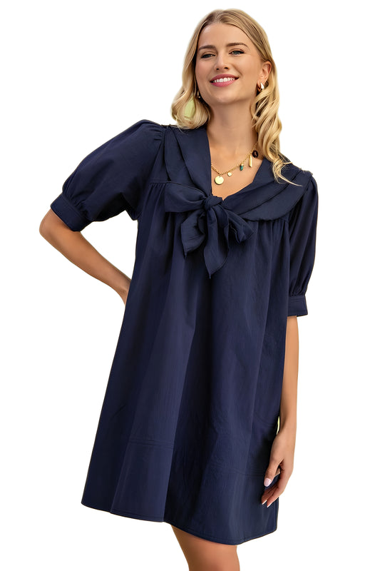 Navy Swing Dress With Rolled Sleeves And Oversized Bow Detail