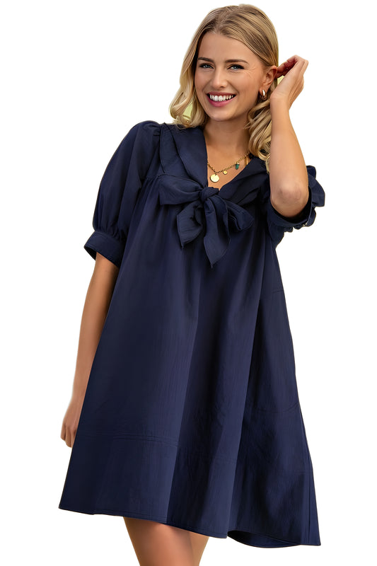 Navy Swing Dress With Rolled Sleeves And Oversized Bow Detail