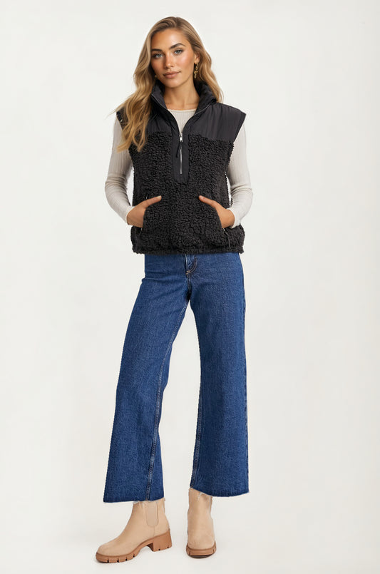 Textured Sherpa Zip Vest with Quilted Detail and Pockets