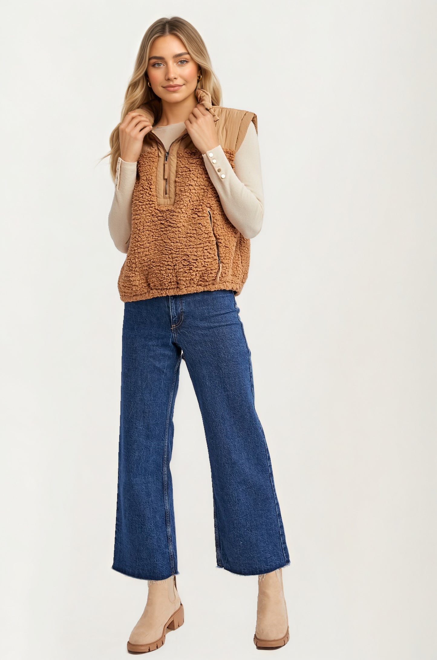 Textured Sherpa Zip Vest with Quilted Detail and Pockets