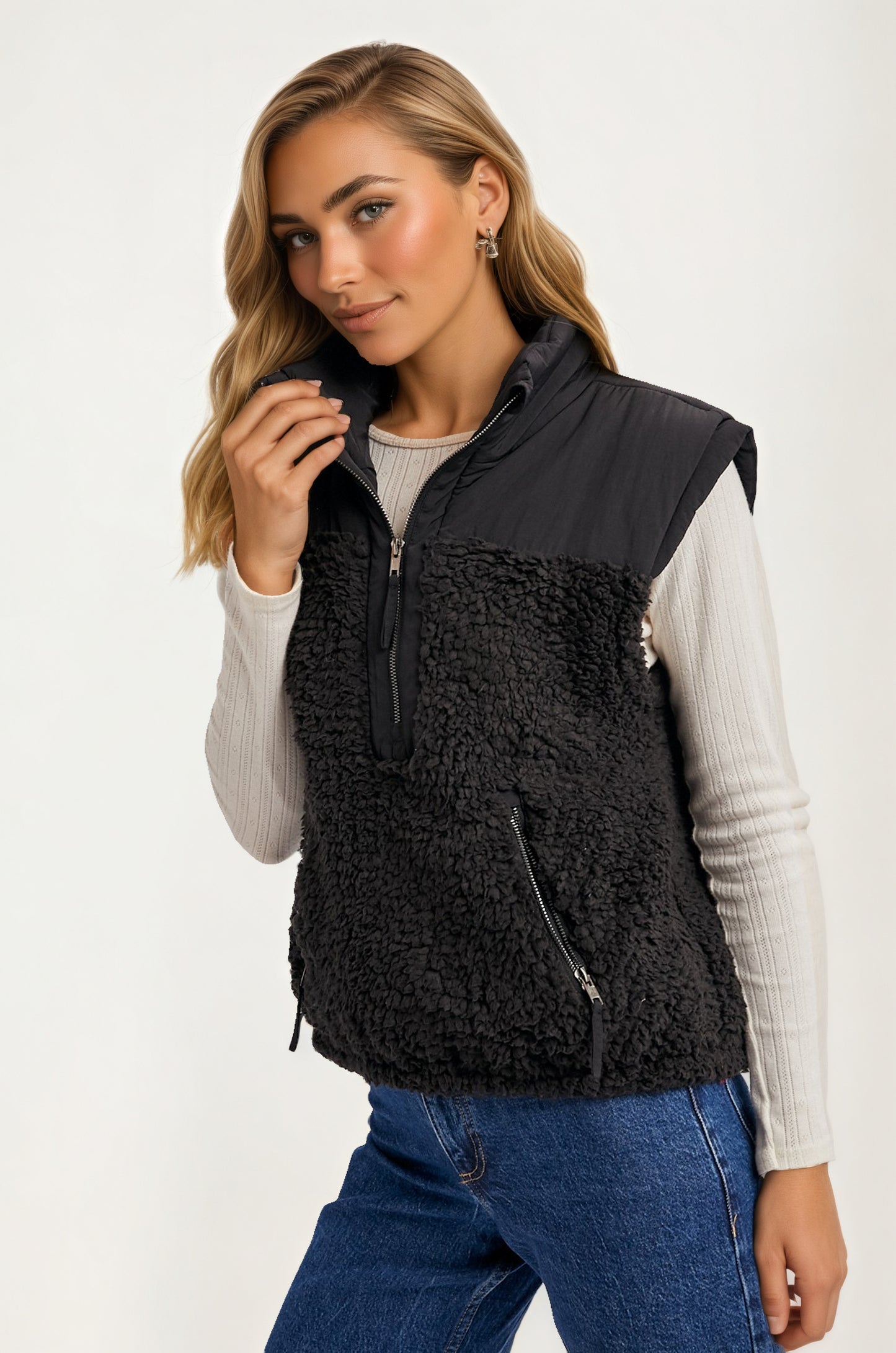 Textured Sherpa Zip Vest with Quilted Detail and Pockets