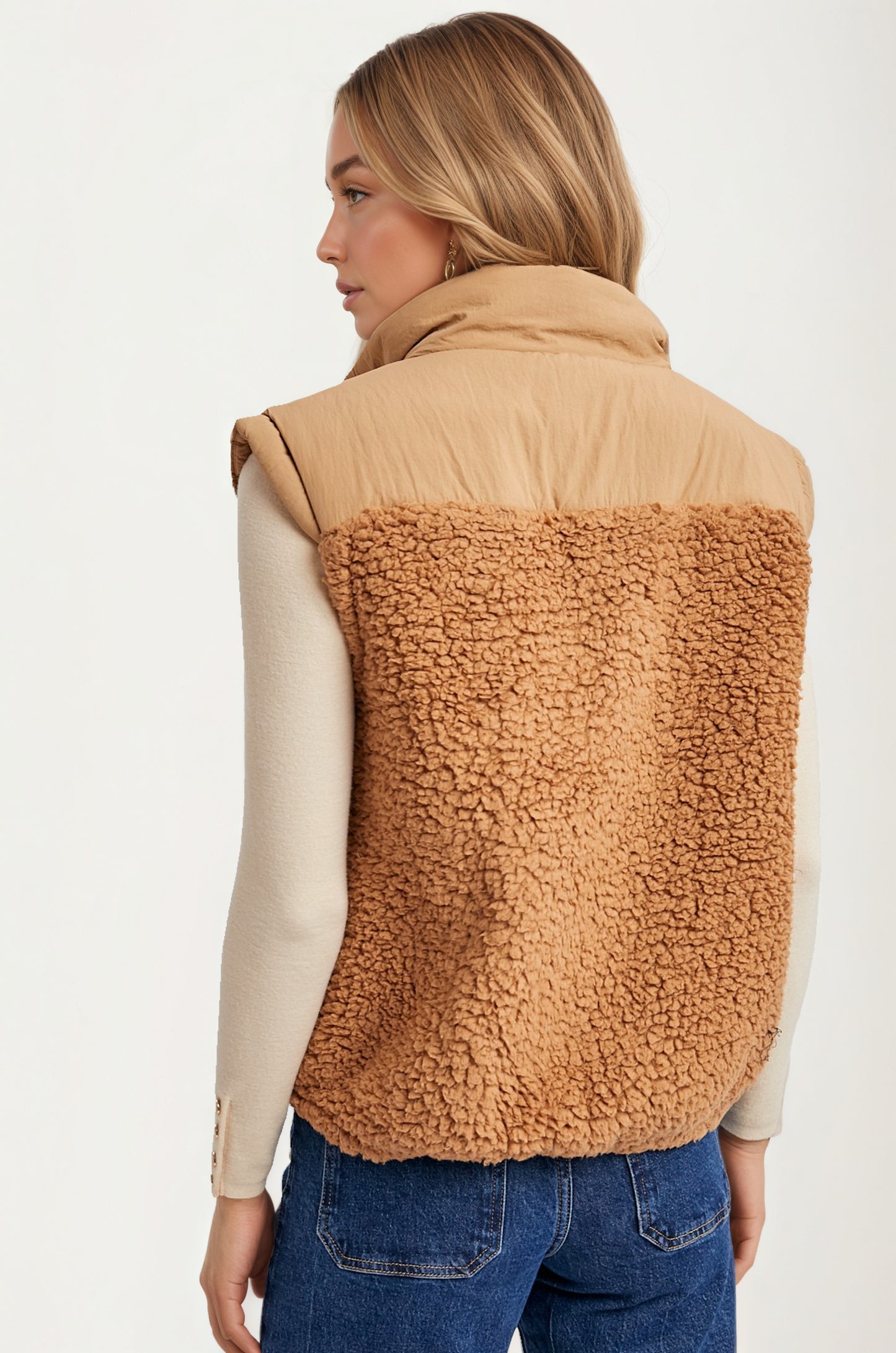 Textured Sherpa Zip Vest with Quilted Detail and Pockets