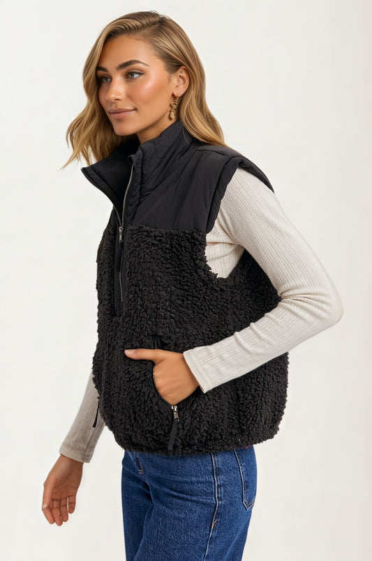 Textured Sherpa Zip Vest with Quilted Detail and Pockets