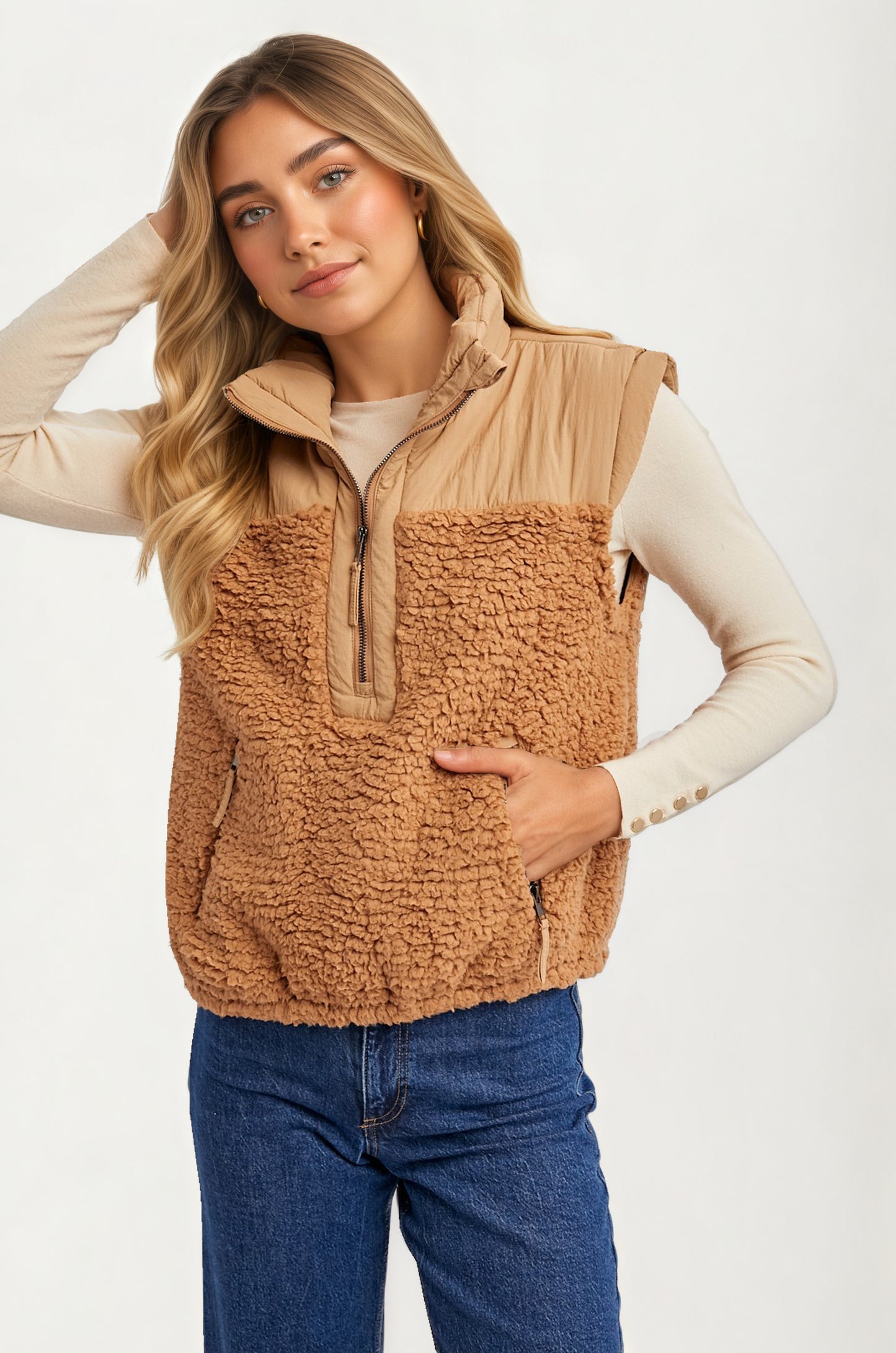Textured Sherpa Zip Vest with Quilted Detail and Pockets