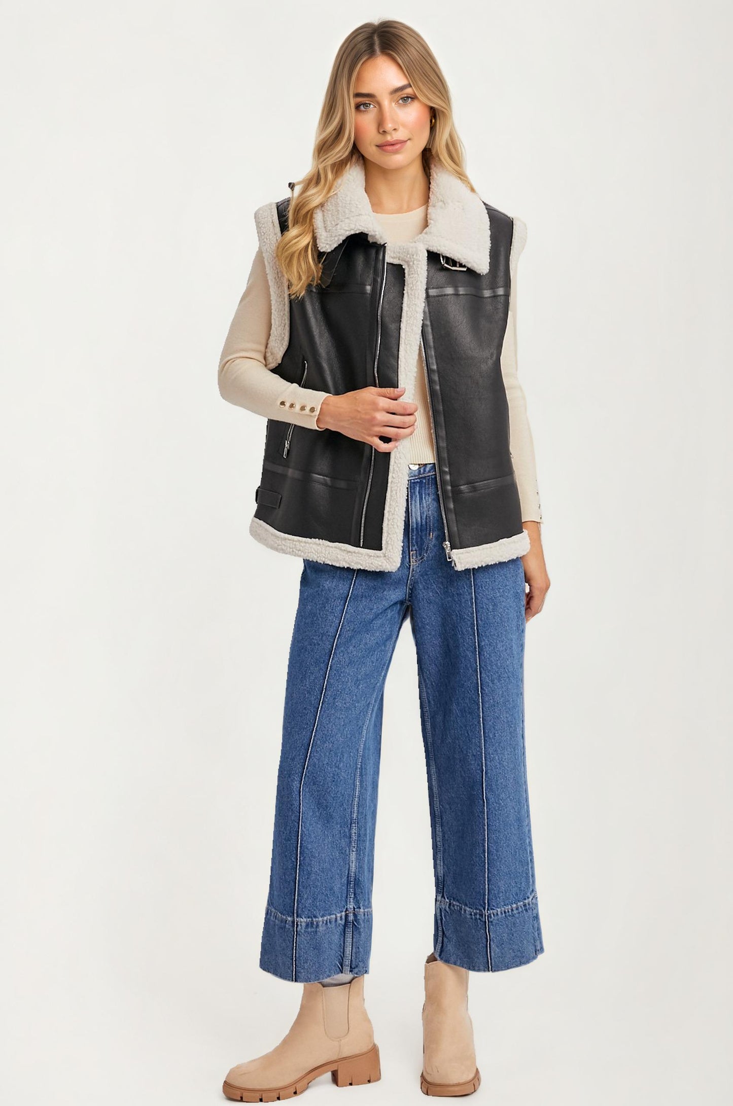 Faux Leather Shearling Vest with Zipper Front